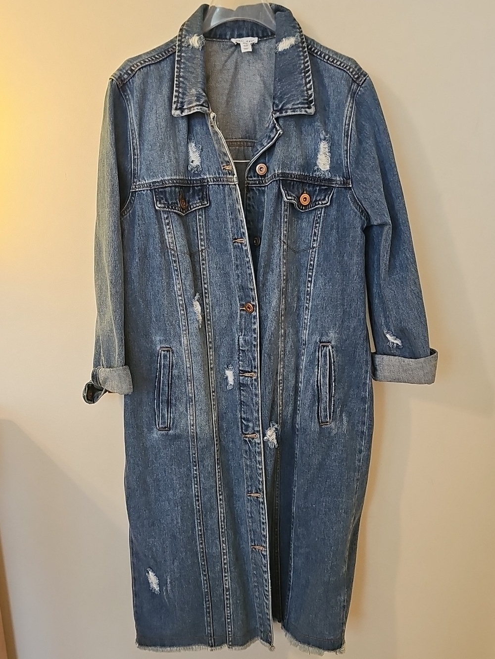 NWOT Tribal Jeans Brand Long Distressed Denim Jacket or Dress Size M